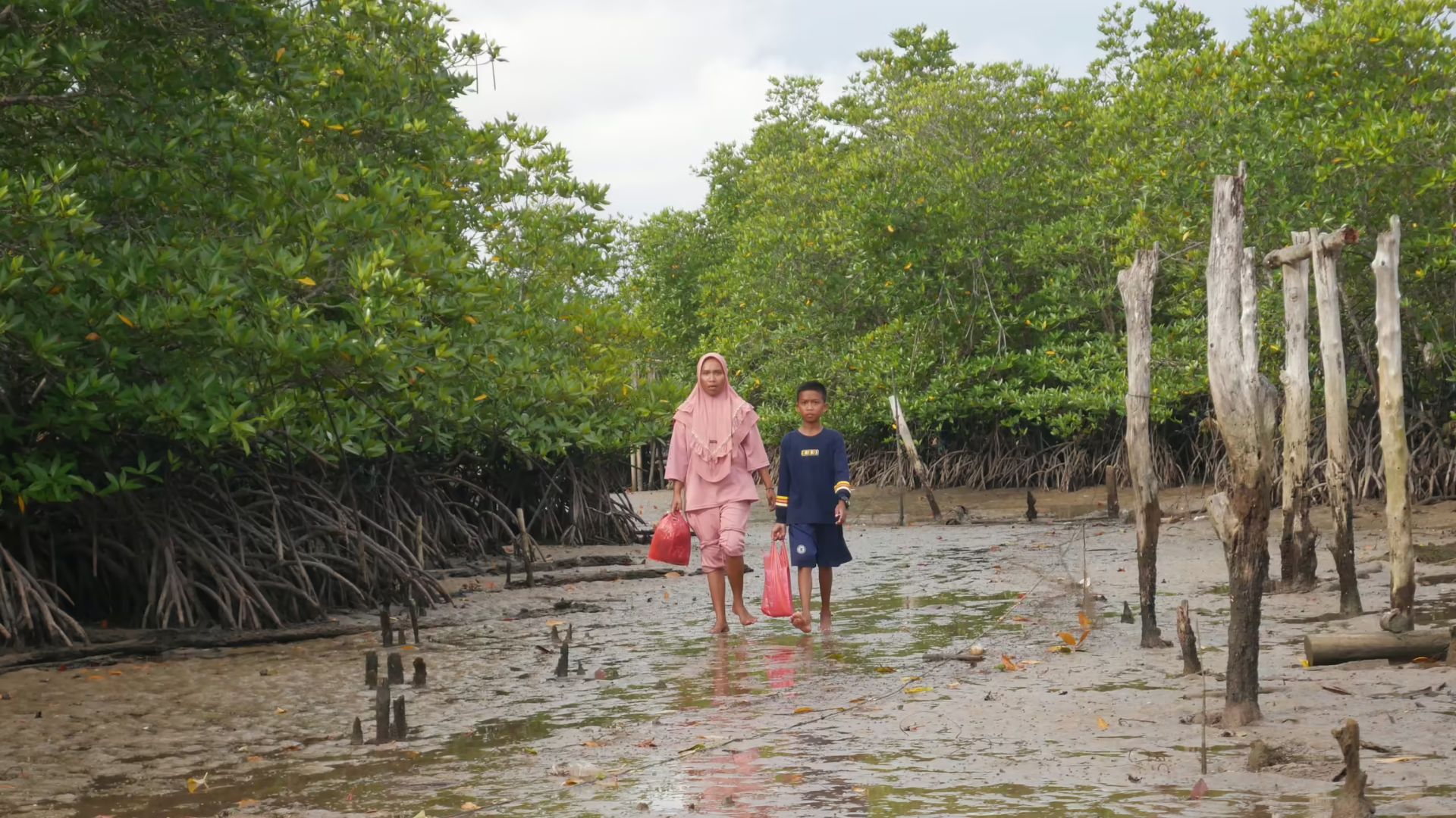 Seorang ibu dan anak di Suku Laut Kawal Laut, Bintan, Kepulauan Riau, melintasi hutan mangrove saat air laut surut untuk mencapai permukiman mereka, Sabtu (15/3/2025)